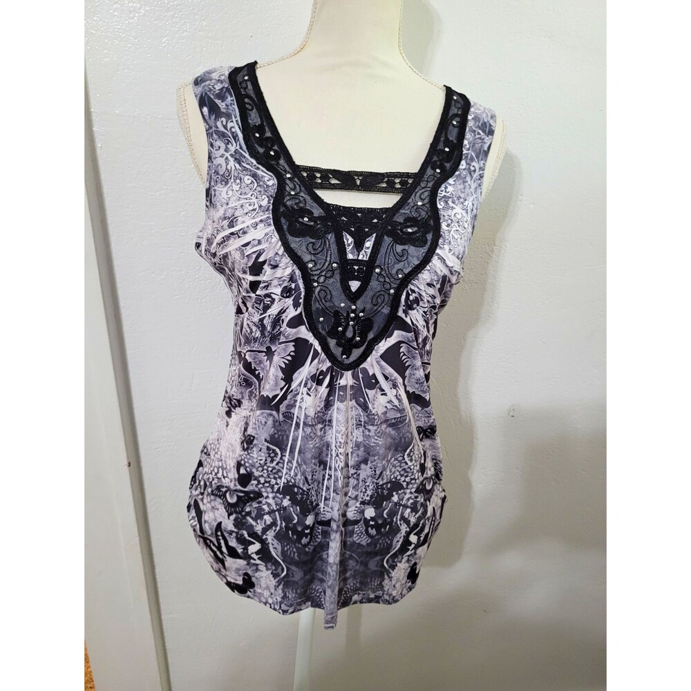 Y2K 90S Tank Top M V-Neck Sleeveless Paisley Black White Gray Whimsigoth Grunge